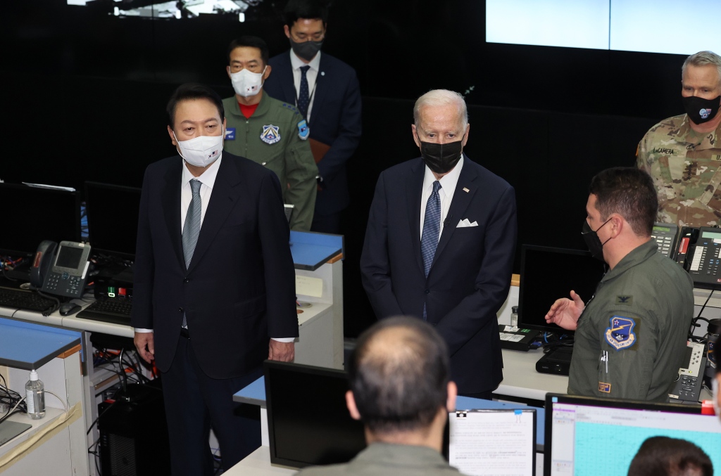 President Joe Biden and President Yoon Suk-yeol are spotted at the Korean Air and Space Operations Center in South Korea on May 22, 2022. 