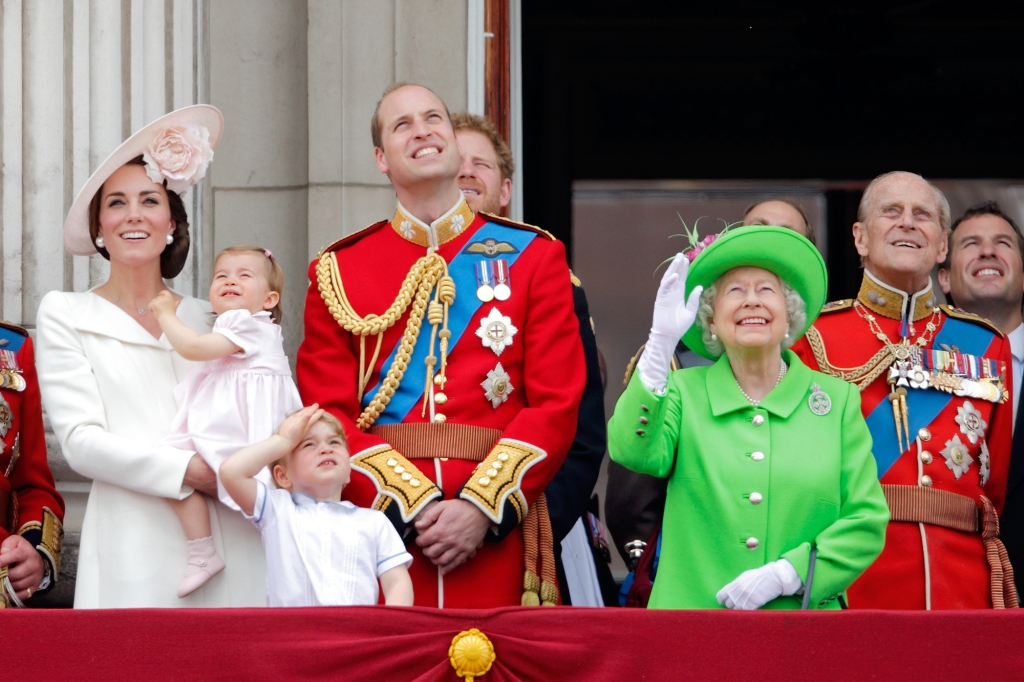 LONDON, UNITED KINGDOM - JUNE 11: (EMBARGOED FOR PUBLICATION IN UK NEWSPAPERS UNTIL 48 HOURS AFTER CREATE DATE AND TIME) Catherine, Duchess of Cambridge,  Princess Charlotte of Cambridge, Prince George of Cambridge, Prince William, Duke of Cambridge, Queen Elizabeth II and Prince Philip, Duke of Edinburgh watch the flypast from the balcony of Buckingham Palace during Trooping the Colour, this year marking the Queen's 90th birthday on June 11, 2016 in London, England.  The ceremony is Queen Elizabeth II's annual birthday parade and dates back to the time of Charles II in the 17th Century when the Colours of a regiment were used as a rallying point in battle. (Photo by Max Mumby/Indigo/Getty Images)