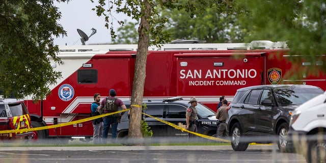 Equipment from the San Antonio Fire Department is parked outside Robb Elementary School in Uvalde, Texas, on Tuesday, May 24. 