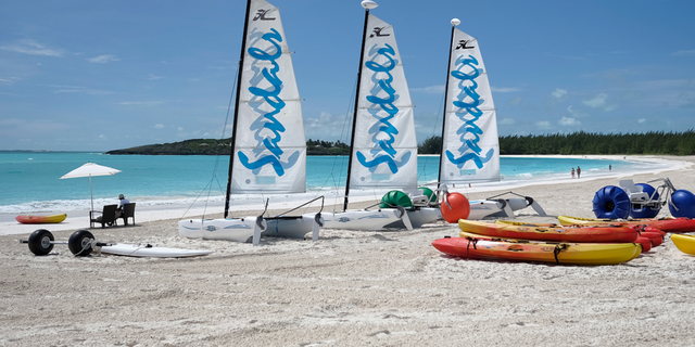 The beach area at the Sandals Emerald Bay resort.