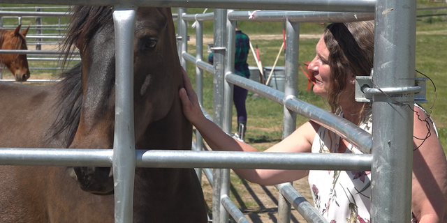 Karen Alexander pets one of the horses on her ranch in Jay Em.