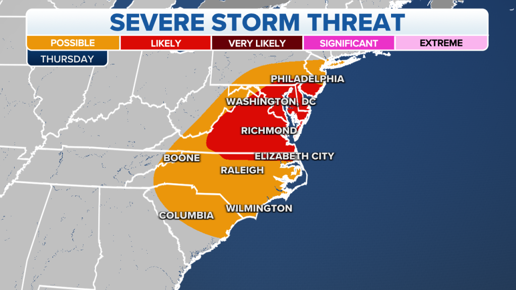 The severe storms will hit the East Coast by Thursday.