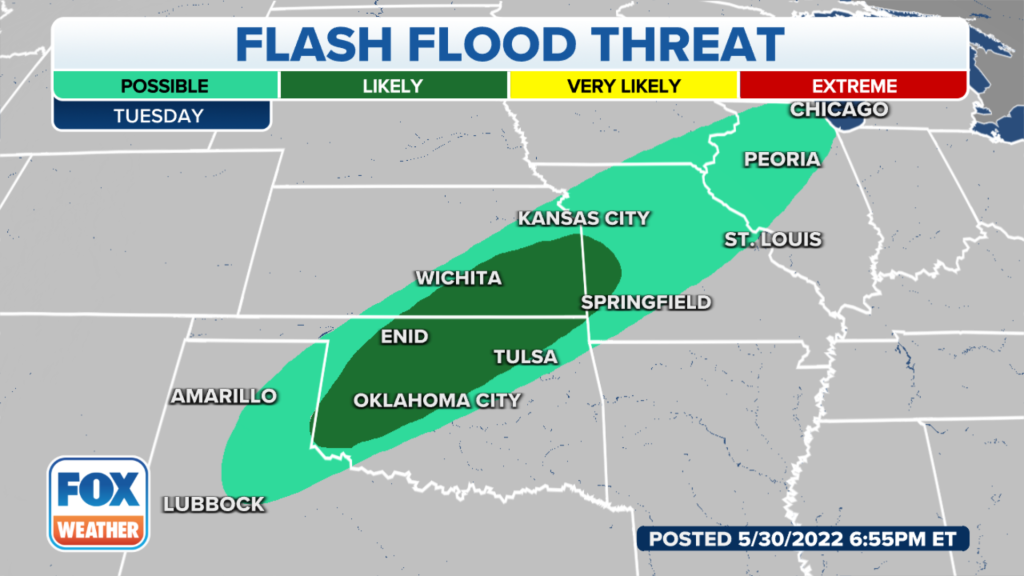 Flash floods are possible from Lubbock, Texas to Chicago.