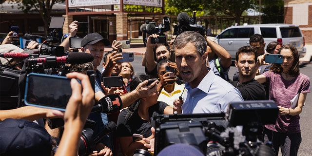 Democratic gubernatorial candidate Beto O'Rourke speaks to the media after interrupting a press conference held by Texas Gov. Greg Abbott on May 25, 2022 in Uvalde, Texas. 