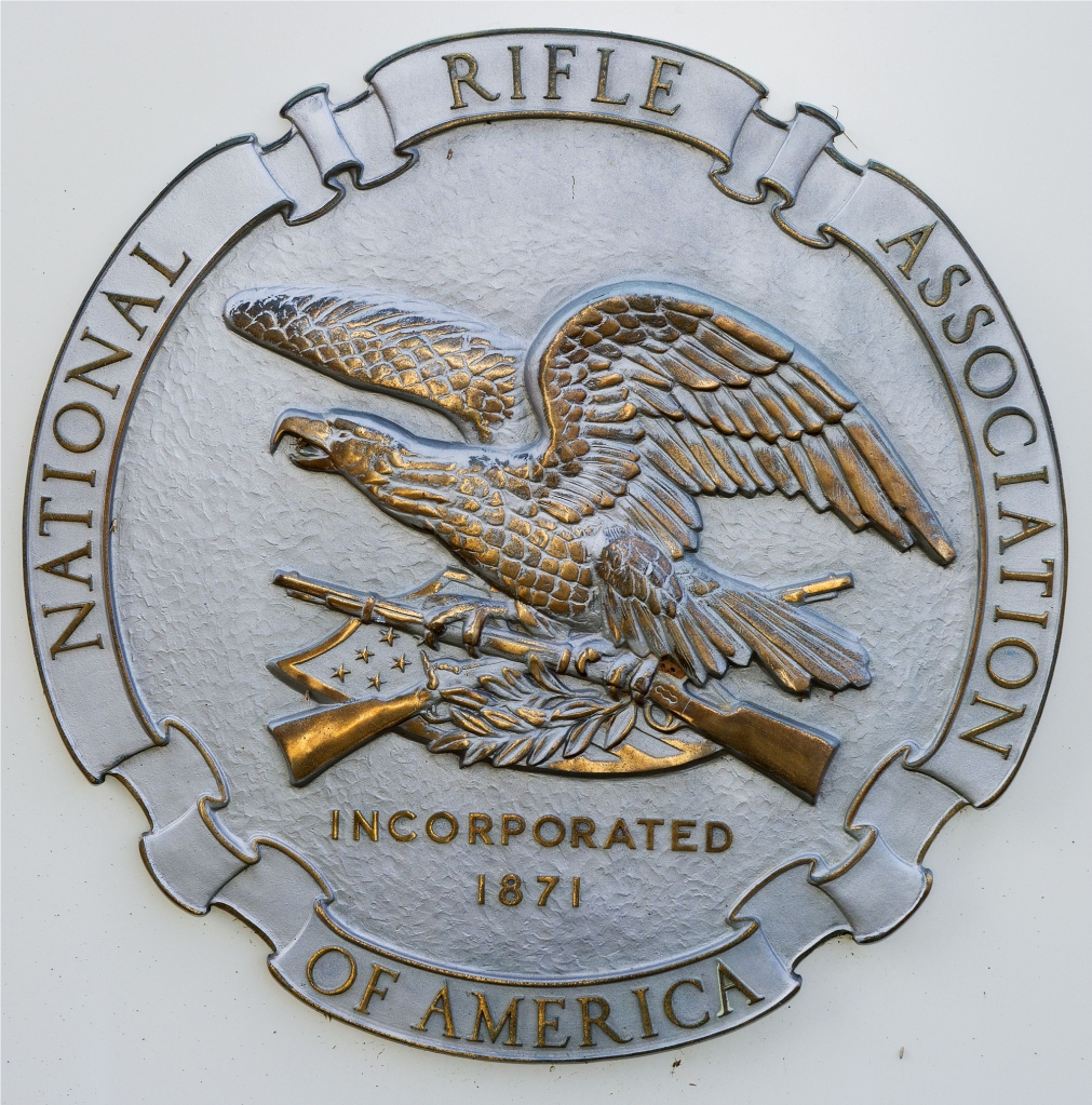 The National Rifle Association(NRA) seal at their headquarters March 14, 2013, in Fairfax, Virginia.  