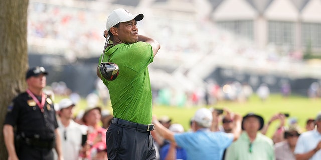 Tiger Woods hits his shot from the 13th tee during the second round of the 2022 PGA Championship at the Southern Hills on May 20, 2022 in Tulsa, Oklahoma. 