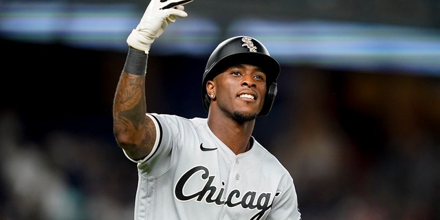 Chicago White Sox' Tim Anderson reacts towards the crowd while running the bases after hitting a three-run home run off New York Yankees relief pitcher Miguel Castro in the eighth inning of the second baseball game of a doubleheader, Sunday, May 22, 2022, in New York. 