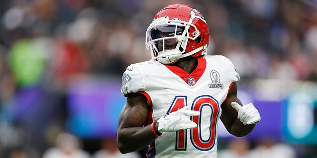 Tyreek Hill #10 of the Kansas City Chiefs and AFC looks on in the second half of the 2022 NFL Pro Bowl against the NFC at Allegiant Stadium on February 06, 2022 in Las Vegas, Nevada.