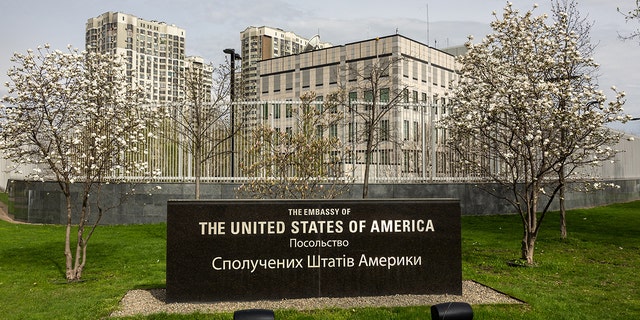 The United States Embassy in Kyiv, Ukraine, on April 25. (Photo by John Moore/Getty Images)