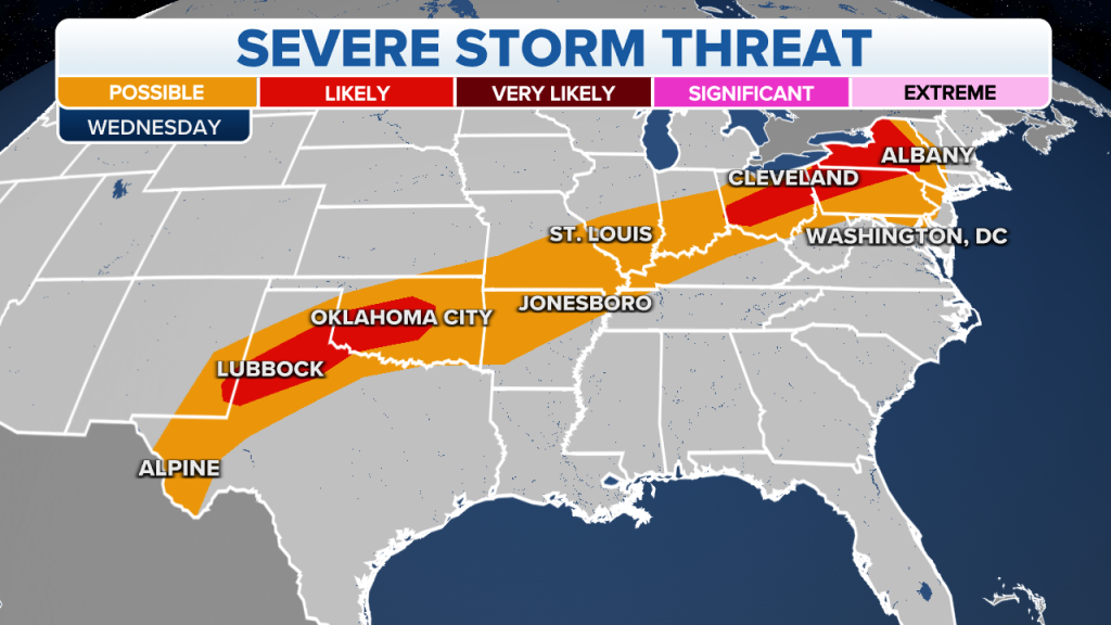 Severe thunderstorms and a possible tornado will threaten the same area on Wednesday.