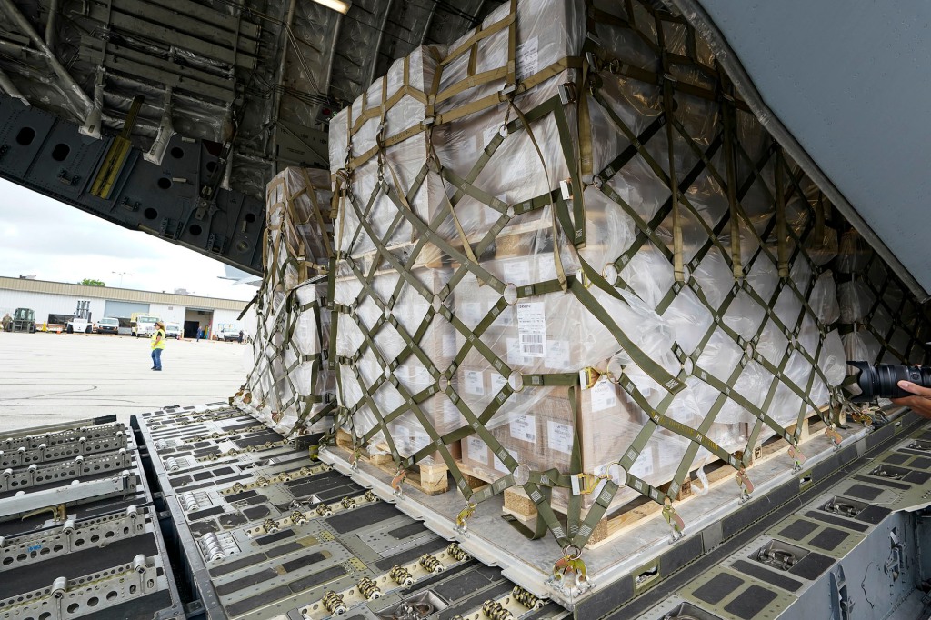 The 132 pallets of Nestlé Health Science Alfamino Infant and Alfamino Junior formula are shown in the cargo hold of a C-17 plane at the Indianapolis.