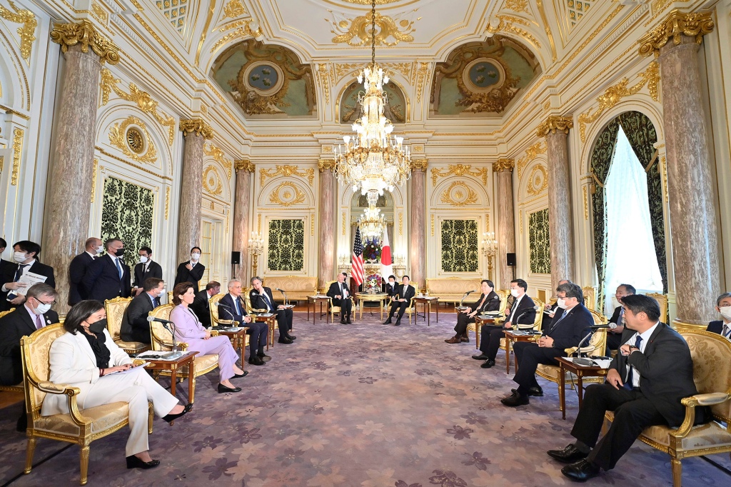 President Joe Biden, center left, and Japan's Prime Minister Fumio Kishida, center right, meet at Akasaka Palace State Guest House in Tokyo Monday, May 23, 2022.