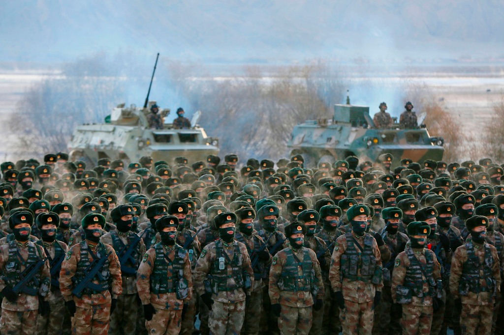 The Chinese People's Liberation Army (PLA) soldiers assembling during military training at Pamir Mountains in Kashgar.