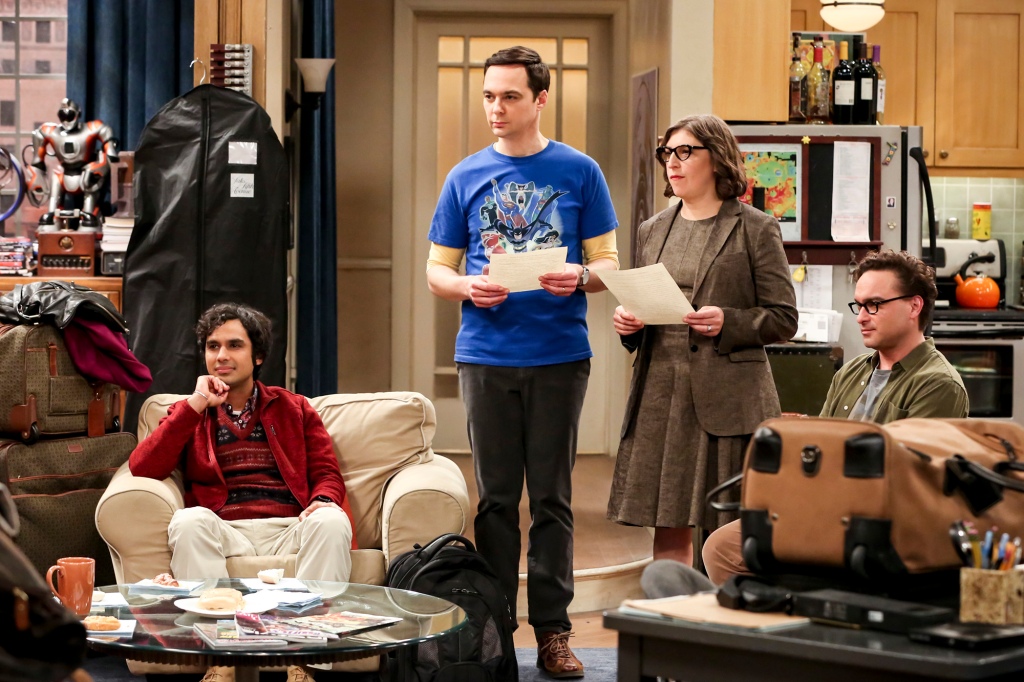 Rajesh Koothrappali (Kunal Nayyar), Sheldon Cooper (Jim Parsons), Amy Farrah Fowler (Mayim Bialik) and Leonard Hofstadter (Johnny Galecki) in "The Big Bang Theory."