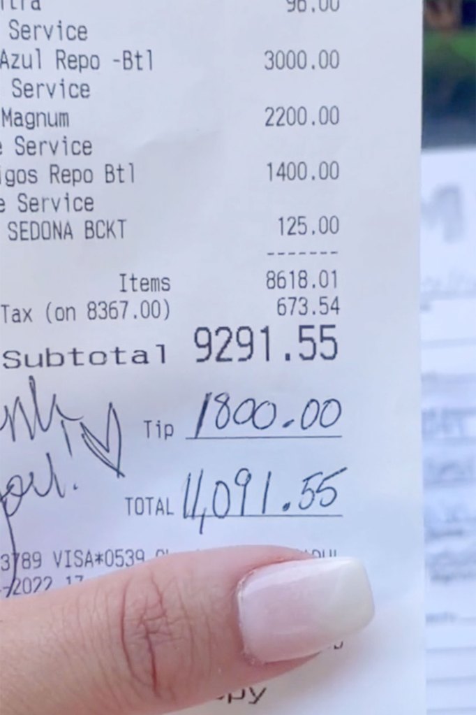 The first receipt shows that one group spent a staggering $9,291 on booze and food at the club, with the kind customers leaving an additional $1,800 as a gratuity. 