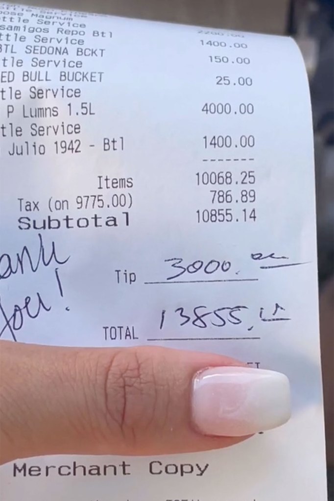 A second group of revelers racked up a bill of $10,855, and left a very generous $3,000 gratuity — equating to a tip of almost 30 percent. 