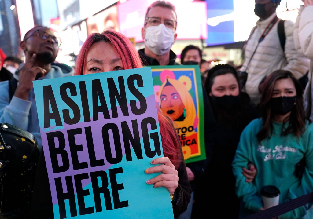 A protestor against Asian hate in Times Square on March 16.