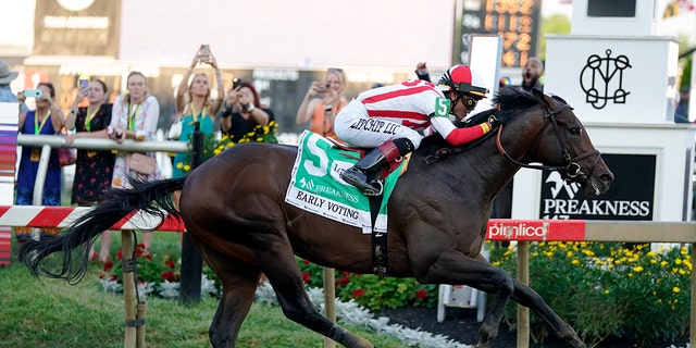 Jose Ortiz atop Early Voting wins the 147th running of the Preakness Stakes horse race at Pimlico Race Course, Saturday, May 21, 2022, in Baltimore.