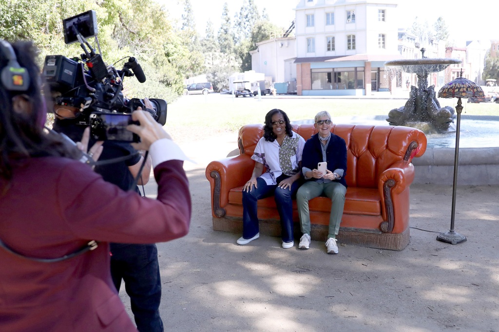 DeGeneres and Michelle Obama film a segment on the Warner Bros. studio lot.