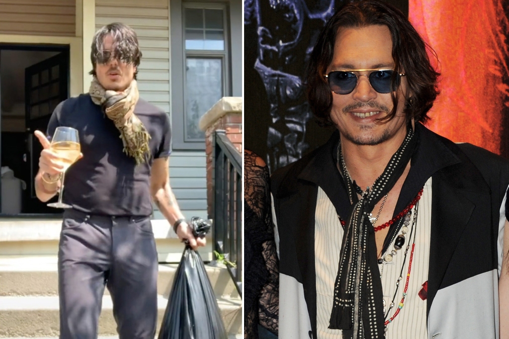 The viral video subsequently shows Shane (left) — who is a doppelgänger for Depp (right) — step out the front door to a very different reaction.