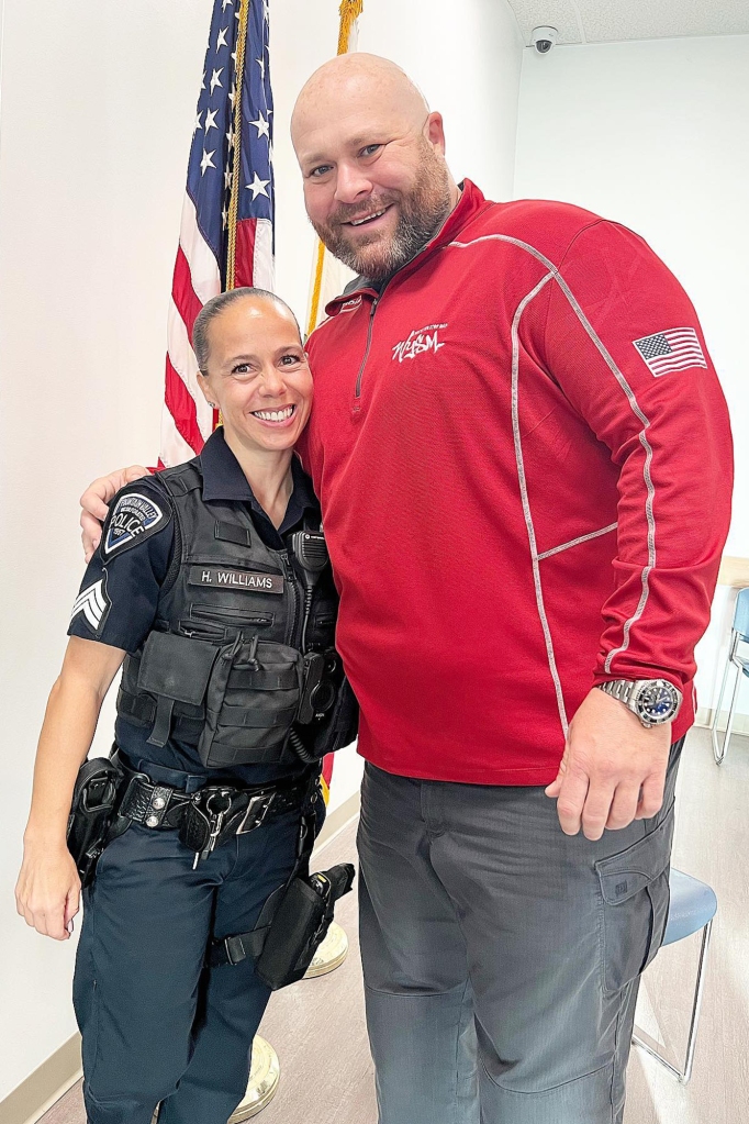 Lehman with Sergeant Heather Williams, who helped bring his organization's work to her police department in Fountain Valley, Calif.