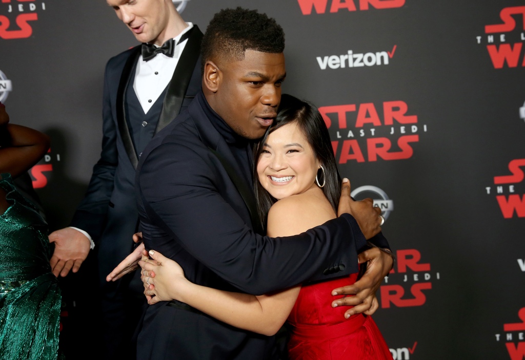 John Boyega (L) and Kelly Marie Tran at the world premiere of Lucasfilm's Star Wars: The Last Jedi at The Shrine Auditorium on December 9, 2017 in Los Angeles, California.  
