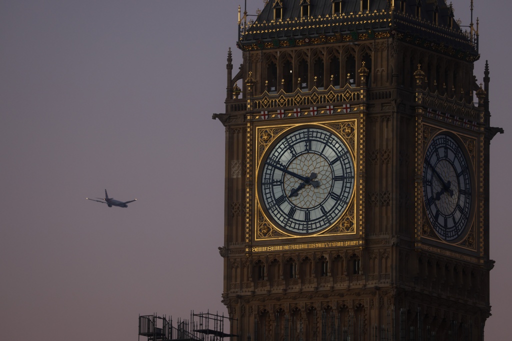 A clock face on the Elizabeth Tower, also known as Big Ben, as restorations continue on the Houses of Parliament in London, U.K., on Tuesday, Jan. 18, 2022.