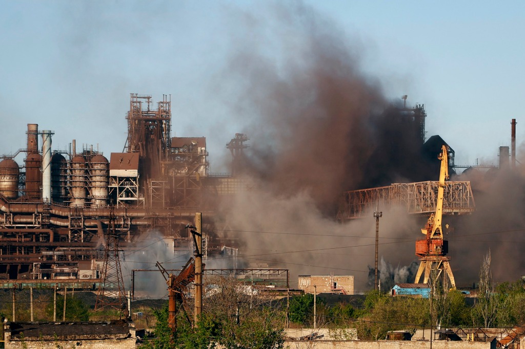 Smoke rises from the Metallurgical Combine Azovstal in Mariupol during shelling, 