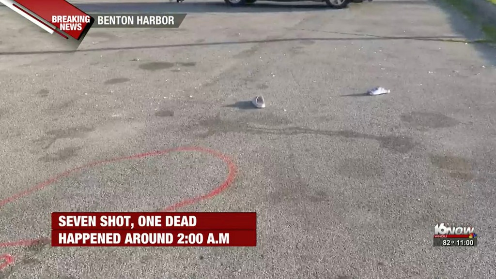 The scene of a where one person was killed and six wounded after a shooting outside of a liquor store in Benton Harbor, Michigan on May 30, 2022.