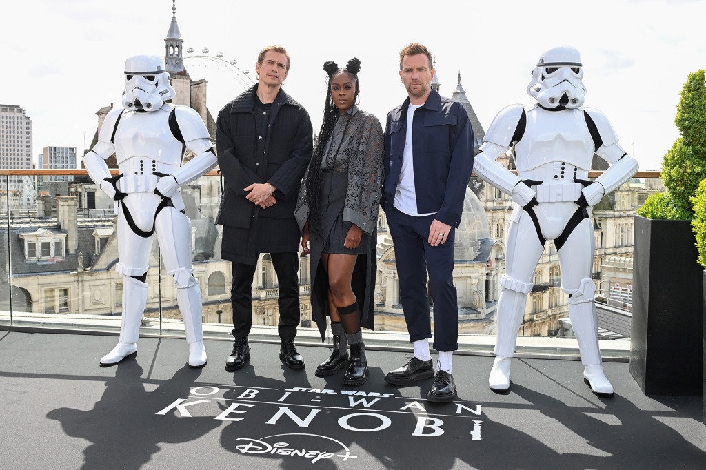 Hayden Christensen, Moses Ingram and Ewan McGregor attend the "Obi-Wan Kenobi" photocall at the Corinthia Hotel London on May 12, 2022 in London, England.