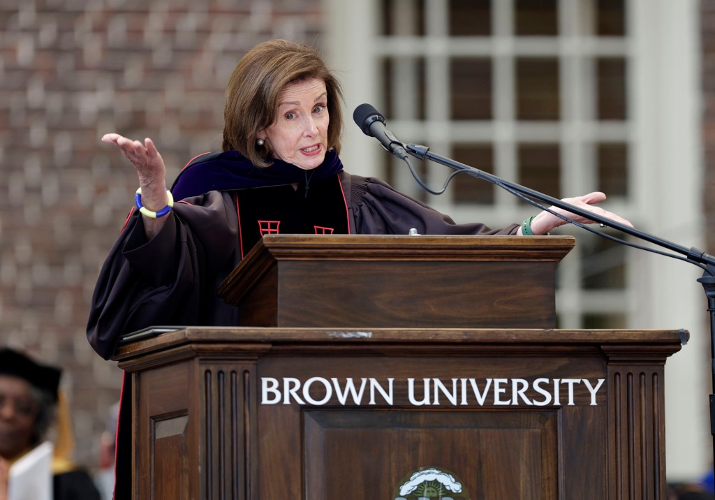 Pelosi delivering a speech at Brown University's commencement exercises. 