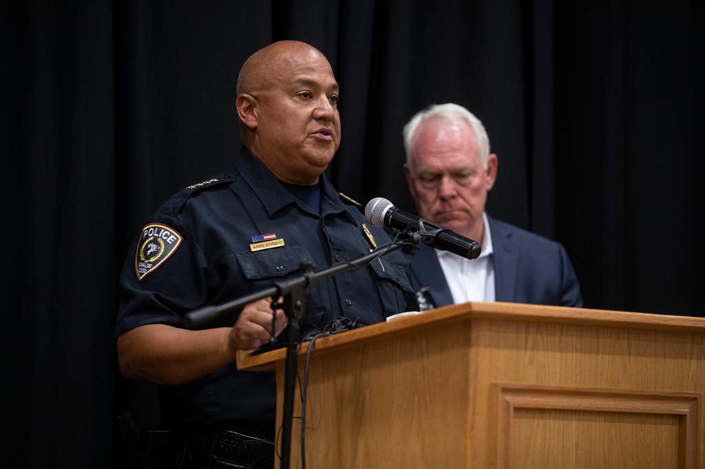 Uvalde police chief Pete Arredondo speaks at a press conference following the shooting at Robb Elementary School.