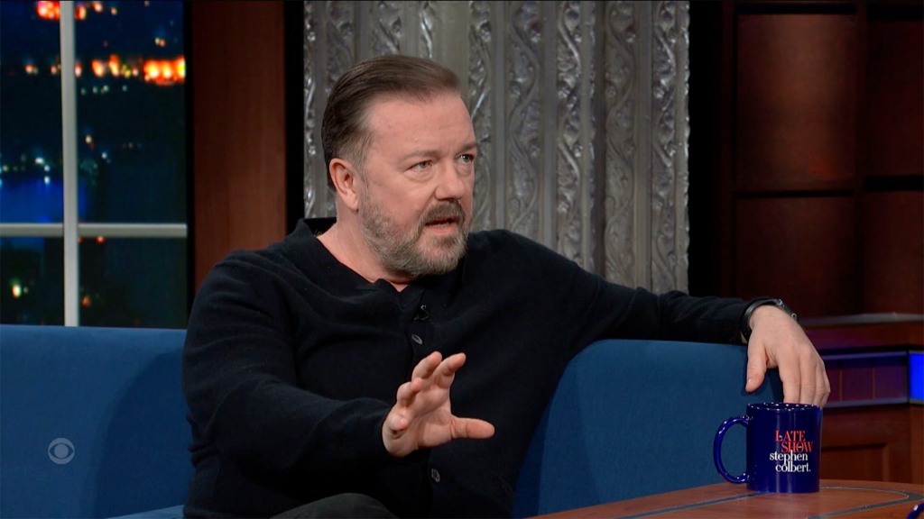 Gervais was promoting his new special, "Supernature," on the Late Show with Stephen Colbert.