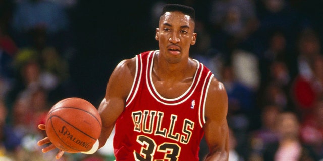 Chicago Bulls' forward Scottie Pippen dribbles against the Washington Bullets during a game at the Capital Centre in the 1990's in Washington, D.C.