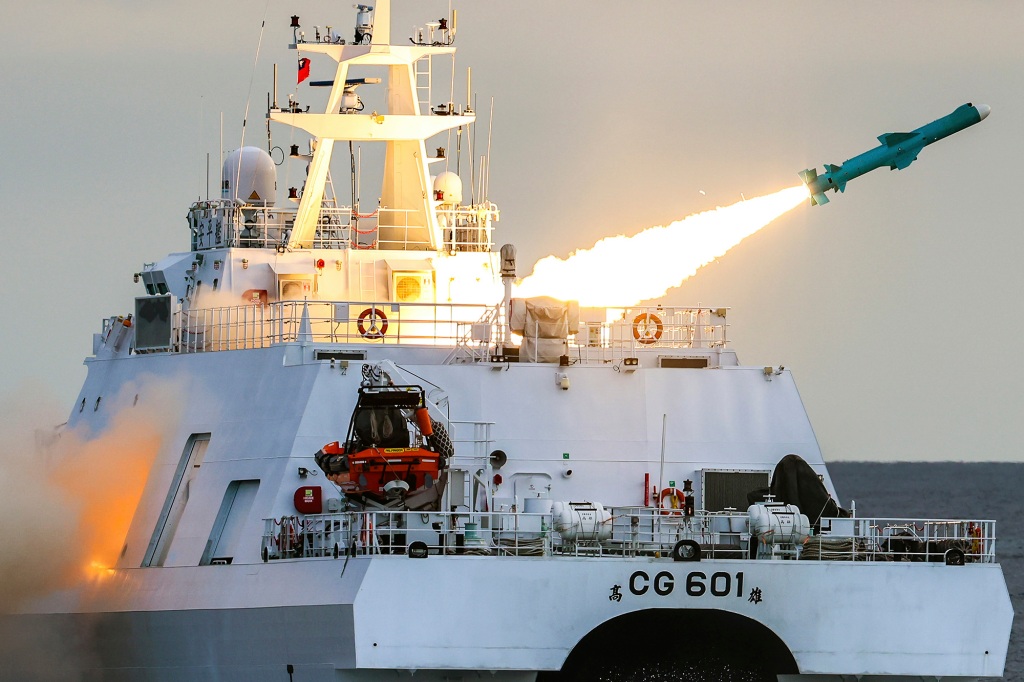 A Taiwan self-made anti-ship Brave Wind II or Hsiung Feng II missile is launched from a war ship in Taiwan's eastern waters.