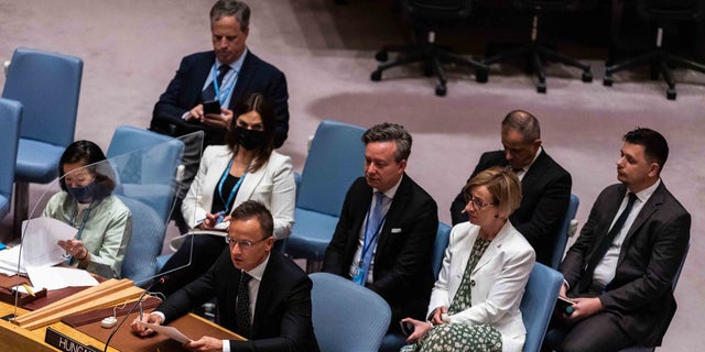 Hungary's top diplomat, Péter Szijjártó, addressing a U.N. Security Council debate on May 19, 2022.