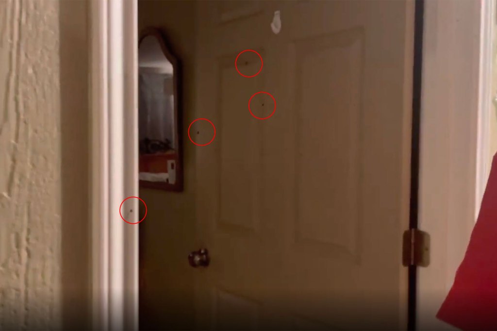 Specs of blood are circled in the hallway.