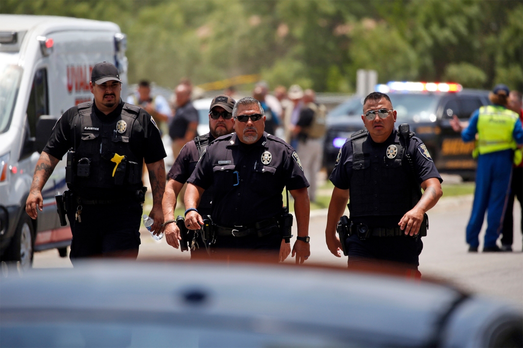 Police officers at the scene of the mass school shooting on May 24, 2022.