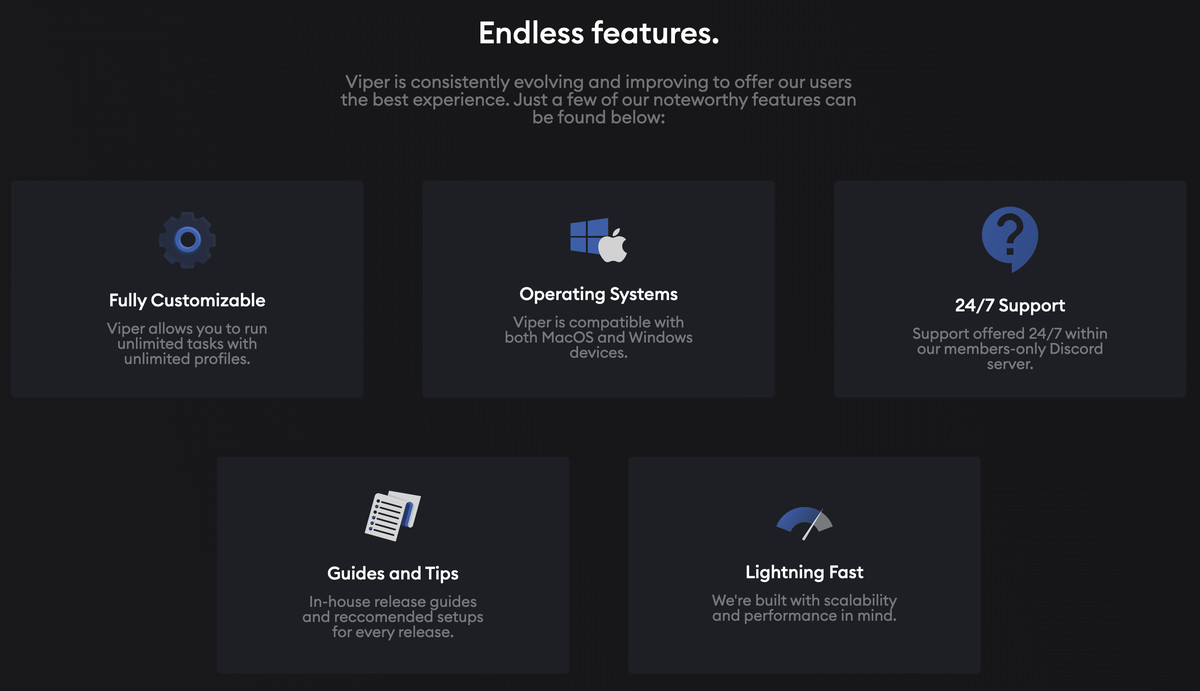 A website reading “Endless features” with five boxes below it describing product features including 24/7 support, multiple operating systems, and customizability.