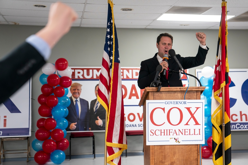 Dan Cox speaks after his primary win on July 19, 2022 in Emmitsburg, Maryland. 