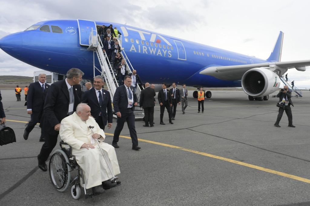 Pope Francis arrives in Canada to meet former students of residential schools at the Iqaluit International Airport in Canada on July 29, 2022.