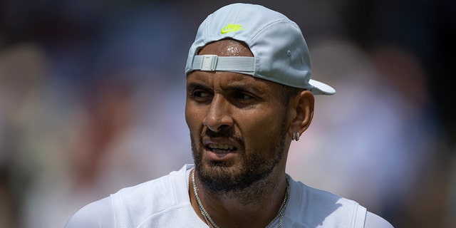 Nick Kyrgios, of Australia, during his match against Brandon Nakashima, of the United States of America, during their Men's Singles Fourth Round match on day eight of The Championships Wimbledon 2022 at All England Lawn Tennis and Croquet Club on July 04, 2022 in London, England.