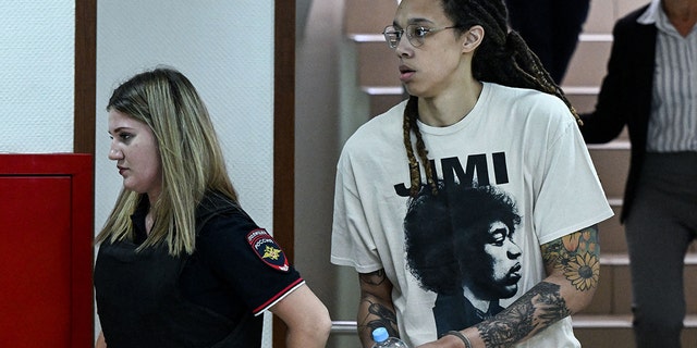 WNBA basketball superstar Brittney Griner arrives to a hearing at the Khimki Court, outside Moscow on July 1, 2022.