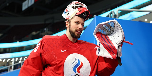 Goalkeeper Ivan Fedotov #28 of Team ROC reacts while leaving the rink after defeating Team Denmark 3-1 in the Men’s Ice Hockey Quarterfinal match between Team ROC and Team Denmark on Day 12 of the Beijing 2022 Winter Olympic Games at Wukesong Sports Centre on February 16, 2022 in Beijing, China. 