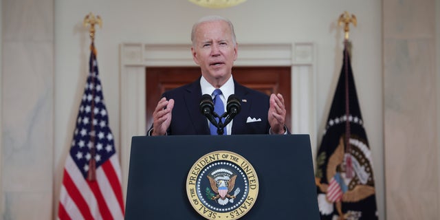 U.S. President Joe Biden addresses the Supreme Court’s decision on Dobbs v. Jackson Women's Health Organization to overturn Roe v. Wade  June 24, 2022 in Cross Hall at the White House in Washington, DC. 