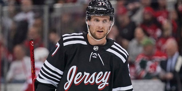 New Jersey Devils' Pavel Zacha is shown during the third period of an NHL hockey game against the Detroit Red Wings in Newark, N.J., Friday, April 29, 2022. The New Jersey Devils swapped forwards with the Boston Bruins, trading winger Pavel Zacha for center Erik Haula in a trade completed less than an hour before the NHL’s free agency period opened on Wednesday, July 13, 2022.