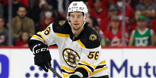 Boston Bruins' Erik Haula (56) moves the puck against the Carolina Hurricanes during the first period of Game 2 of an NHL hockey Stanley Cup first-round playoff series in Raleigh, N.C., Wednesday, May 4, 2022. The New Jersey Devils swapped forwards with the Boston Bruins, trading winger Pavel Zacha for center Erik Haula in a trade completed less than an hour before the NHL’s free agency period opened on Wednesday, July 13, 2022. 