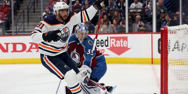 Evander Kane #91 of the Edmonton Oilers celebrates after scoring a goal on Darcy Kuemper #35 of the Colorado Avalanche during the first period in Game One of the Western Conference Final of the 2022 Stanley Cup Playoffs at Ball Arena on May 31, 2022, in Denver, Colorado. 