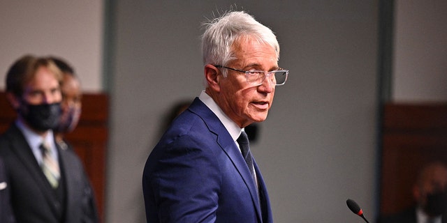 Los Angeles County District Attorney George Gascon speaks at a press conference, December 8, 2021, in Los Angeles, California. 