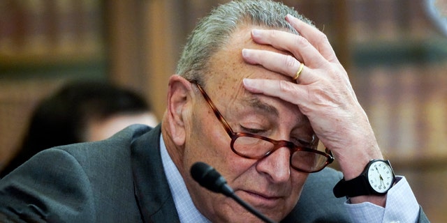 Senate Majority Leader Chuck Schumer, D-N.Y., is seated before a Senate Rules and Administration Committee.